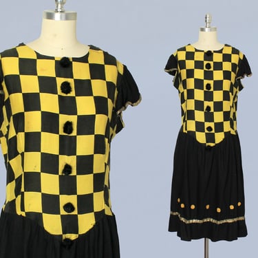 RARE Antique Halloween Dress / 1920s Costume Dress Yellow and Black Checkerboard with Pom Poms 
