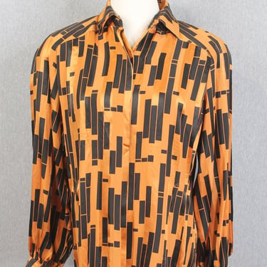 1970s 1980s Silk Op Art Blouse - Mod - Black and Orange - Francesca of Damon for Starington 