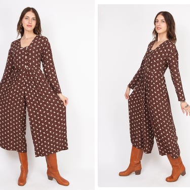 Vintage 1980s 80s Brown Floral Wide Leg Flared Full Length Long Sleeve Jumpsuit w/ Double Breasted Bodice & Shell Buttons 