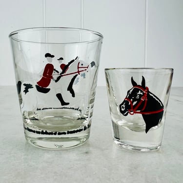 Vintage Horse Riding glass set of 2, tumbler and shot glass, black white red, equestrian, dressage, polo, collectible, decor, gift 