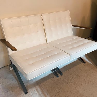 Two-Piece Love Seat | Mid Century Hollywood Regency Style Seating | 1970s design | versatile chair set | white leather, wood, chrome 