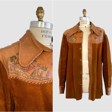 CHAR Eagle Vintage 70s Leather & Suede Jacket | Mens 1970s Hand Painted Bird Jacket, Artisan Made in Mexico | 60s Boho Hippie | Size X Large 
