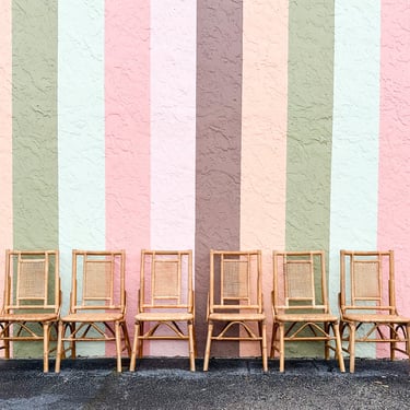 Set of Six Old Florida Style Rattan Dining Chairs