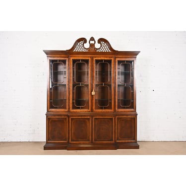 Drexel Heritage Georgian Flame Mahogany Lighted Breakfront Bookcase Cabinet