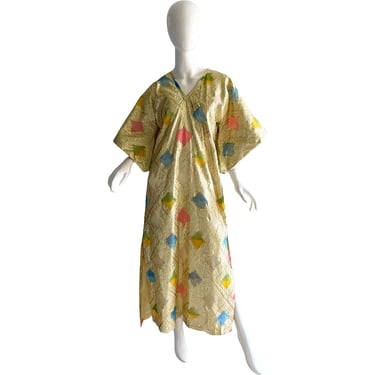 60s Metallic Kimono Evening Gown / Vintage Gold Lame Caftan / 1960s Gabrielle Palm Springs Dress Maxi Medium 