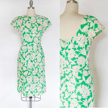 1960s Dress Green Floral Cotton Cocktail M 