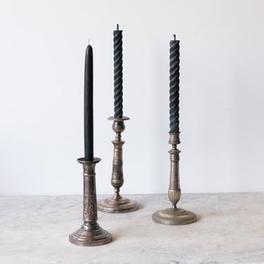 Trio of Vintage Silver Candlesticks with Beeswax Tapers