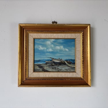 1970's Vintage Dali “Beached Boats by the Shore” Oil on Canvas Painting, Frame 