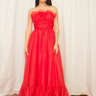 1970s Red Organza Strapless Gown 