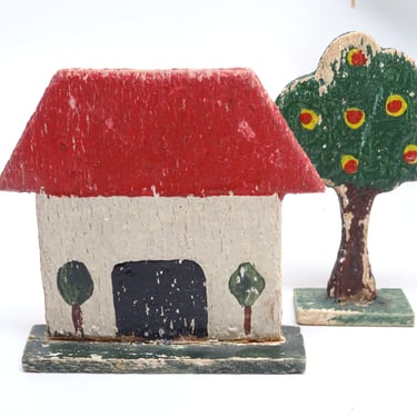 Antique German House & Tree on Wood Stands, Vintage Stand Up Toy for Christmas Putz or Nativity 