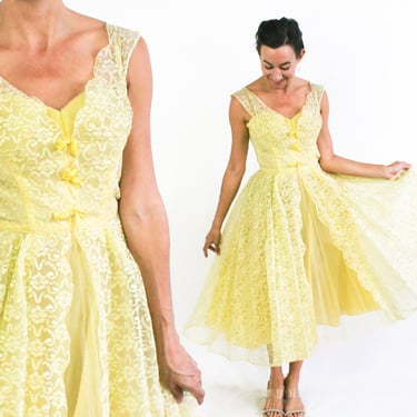 1940s Yellow Lace Prom Party Dress | 40s Yellow Lace Evening Dress | Lorrie Deb | Extra Small 