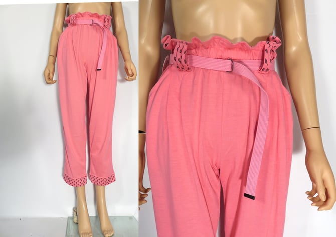 Vintage 80s High Waist Hot Pink Elastic Waist Comfy Belted Loungewear Pants Size M 