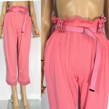 Vintage 80s High Waist Hot Pink Elastic Waist Comfy Belted Loungewear Pants Size M 