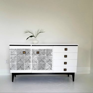 Sold...Lovely Modern-boho credenza, vintage mid century painted credenza  , bohemian modern media console, tv stand 