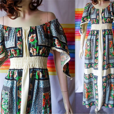 70s angel wing maxi size S/M/L/XL hippie dress with scarf sleeve floral full length boho cotton with stretch waist, volup friendly 