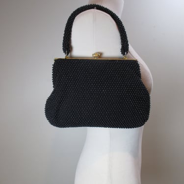 Vintage Candy Dot Purse Lumured Cordé Black Beaded Bag Vintage Gold Framed Handbag WWII Era Fabric Beaded Purse Top Handle Bag 1940s Handbag 