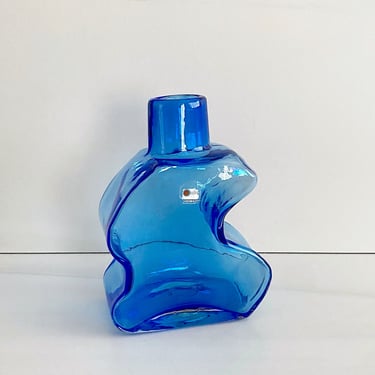 Vintage 1980s Hank Adams BLENKO Blue 7.5" Bottle Vase Decanter PUZZLE Piece Vintage Art Glass Classic 