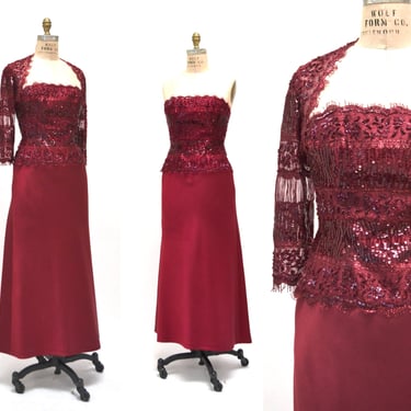 90s 00s Vintage Dark Red Sequin Evening Gown Cropped Lace Sequin Jacket Bolero and Red Silk Strapless Evening Gown Dress XXS XS  Liancarlo 