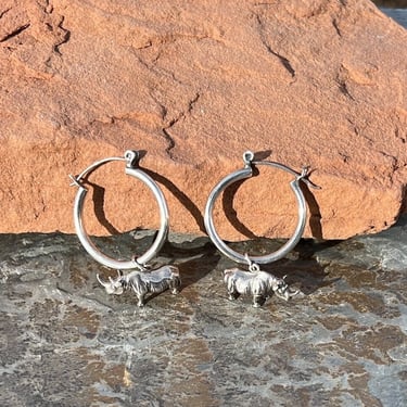 Vintage Sterling Silver Hoop Post Earrings with Rhinos Dangling 