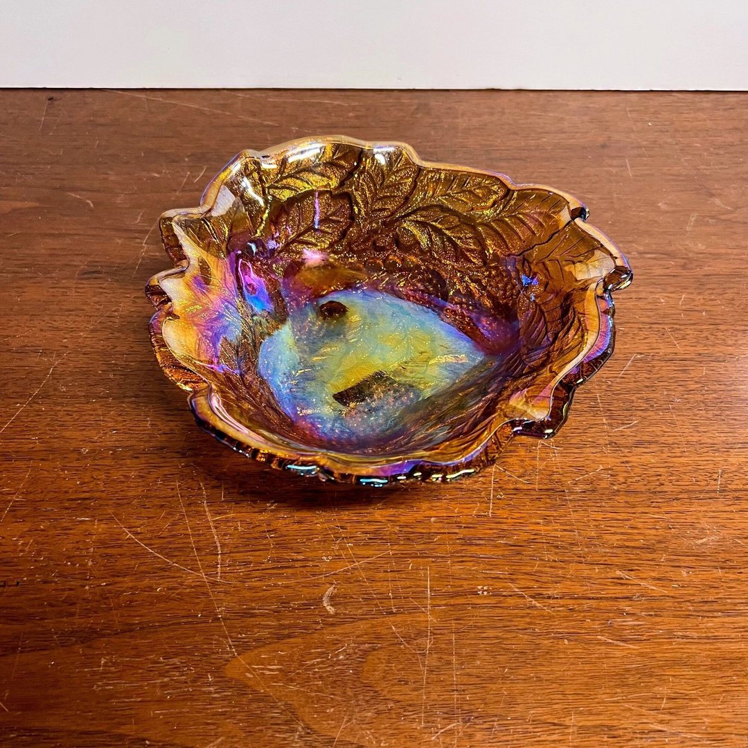 Vintage Indiana Glass Loganberry Amber Carnival Glass Candy Dish Bon Over the Years Silver