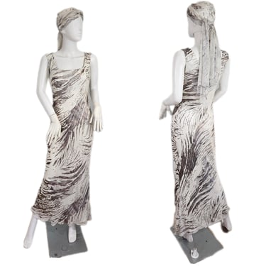 Georgiou Studio 1990s White Tiger Print Burnt Silk Long Sleeveless Bias Cut Dress I Sz Med I Sz 8 I Fring Shawl 