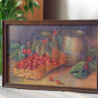Vintage still life fruit sketch / 40s framed cherry and basket / fruit color pencil sketch / farmhouse cottage decor / vintage artwork 