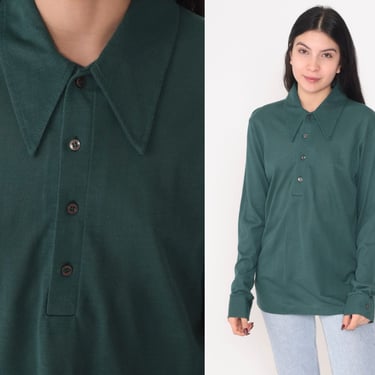 Forest Green Polo Shirt 70s Half Button up Top Long Sleeve Dagger Collar Retro Collared Plain Simple Basic Vintage 1970s Art Guild Large L 