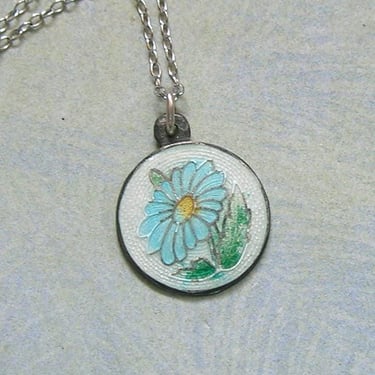 Antique Sterling Enamel Flower Pendant, Sterling Guilloché Pendant Necklace, 1920's Enamel Necklace, F.A. Hermann Company Jewelry (#4477) 