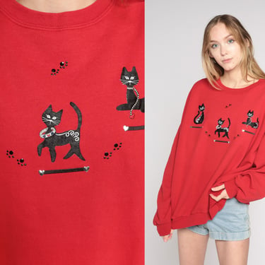 Black Cat Sweatshirt 90s Red Rhinestone Beaded Animal Sweater Sparkly Heart Studs Paw Print Pullover Novelty Print Vintage 1990s 2xl xxl 