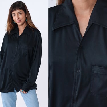 Black Button up Shirt 70s Top Long Sleeve Retro Basic Disco Shirt Collared Plain Seventies Blouse Minimalist Vintage 1970s Extra Large xl 