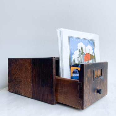 Antique Oak File Box File Index Card Wooden Box with Drawer Storage Industrial Office Studio Library Hardware Small Wood Box with Drawer 