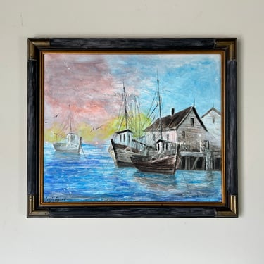Sandy Lazarne Fishing Boats in Harbor Oil on Canvas Painting, Framed 