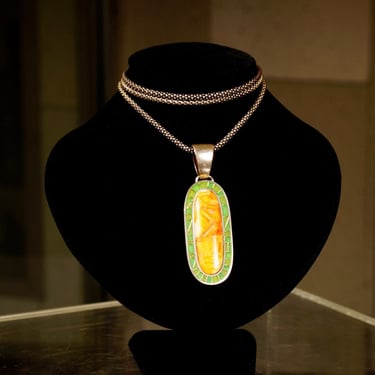 Vintage 925 Sterling Silver Mosaic Long Oval Pendant Necklace, Orange Carnelian Agate & Green Aventurine Inlay, Large Silver Bail, 1 3/8" L 
