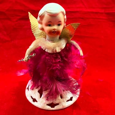 Christmas angel figurine 1950s Japan ceramics pink feather pipe cleaner figure shelf sitter 