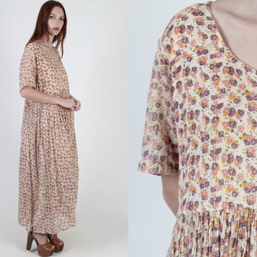 90s Calico Rose Floral Dress, Large Grunge Festival Outfit, Ivory Gauze Sweeping Maxi Dress 