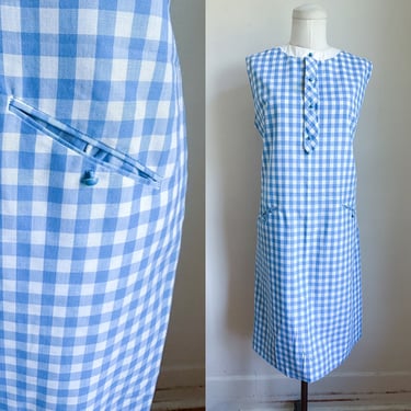 Vintage 1960s Blue Gingham Shift Dress / L 