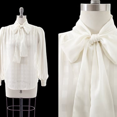 Vintage 1980s Blouse | 80s Sheer Silky Chiffon White Pussy Bow Secretary Long Sleeve Button Up Top (medium/large) 