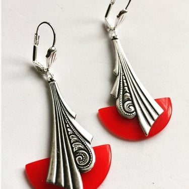 Art deco earrings Vintage Art Deco cherry red bakelite silver plated Geometric 'fan' earrings jazz age modernist  bakelite earrings by BakeliteBa