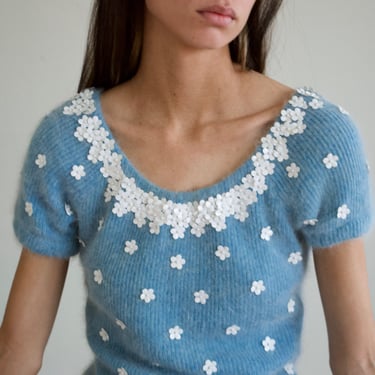 60s angora daisy trim sweater set / two piece set / skirt set 
