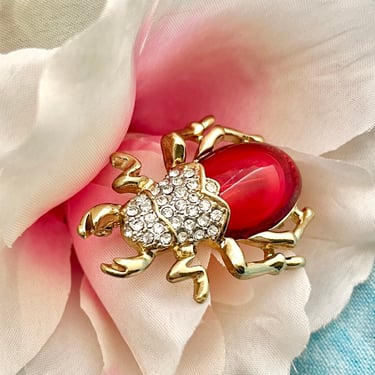 Statement Brooch, Rhinestone Insect Bug, Kenneth Lane Pin, Red Cabochon, Jelly Belly, Signed, Vintage 