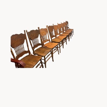 Set of 8 Antique Oak Spindle-Back Dining Chairs – Vintage Carved Wood Farmhouse Seating 