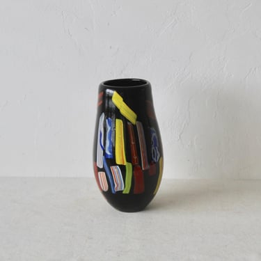 Murano Postmodern Black Multi Color Stripes Glass Vase 