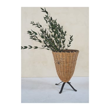 Vintage Wabi Sabi Rattan and Black Iron Standing Vase Vessel Tabletop Inspired by the style of Mathieu Mategot and Atelier Vime French 