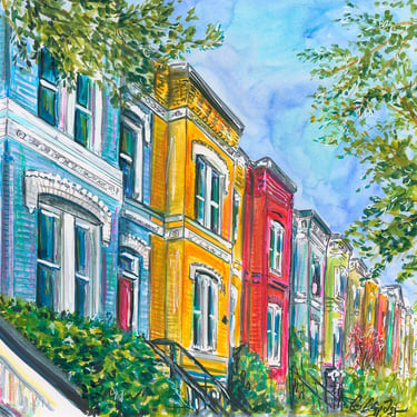 Rainbow Row Homes on Capitol Hill Original Mixed Media Art by Cris Clapp Logan 