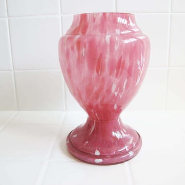 Vintage Pink White Speckled Murano Style Glass Vase - Footed Urn Shaped Vessel 