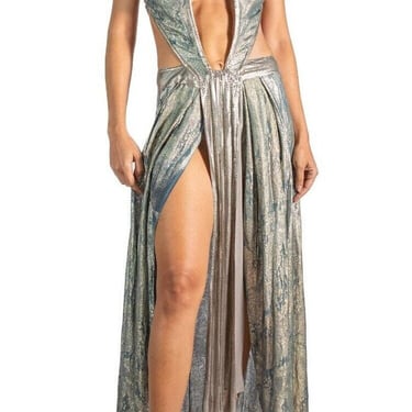 Morphew Atelier Dusty Aqua Blue Silver Lamé  Metal Mesh Chainmail Gown 