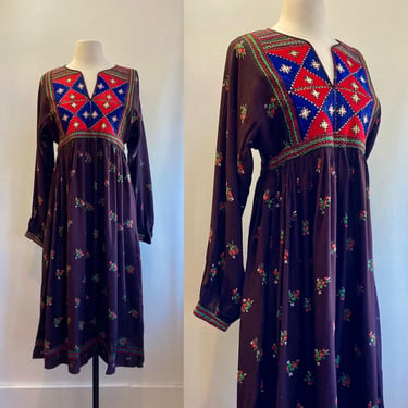 Vintage 70s Dress / Boho AFGHAN Folk Dress / Empire Waist + Midi Length / HAND Embroidered + Woven Embroidery Trim / Walia's Deadstock 