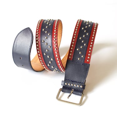 Vintage Kenzo Studded Leather Belt - Wide Red and Navy Striped Waist Belt with Small Chrome Studs - XS/S 