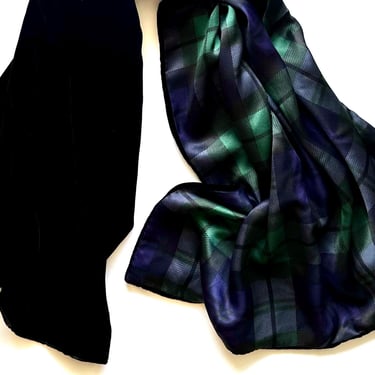 Vintage Echo Velvet Silk Large Scarf Blue Green Plaid Black Soft Fuzzy Wrap 