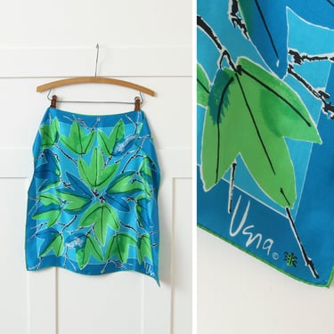 vintage 1960s Vera silk scarf • bright turquoise blue & green abstract leaf print square scarf 